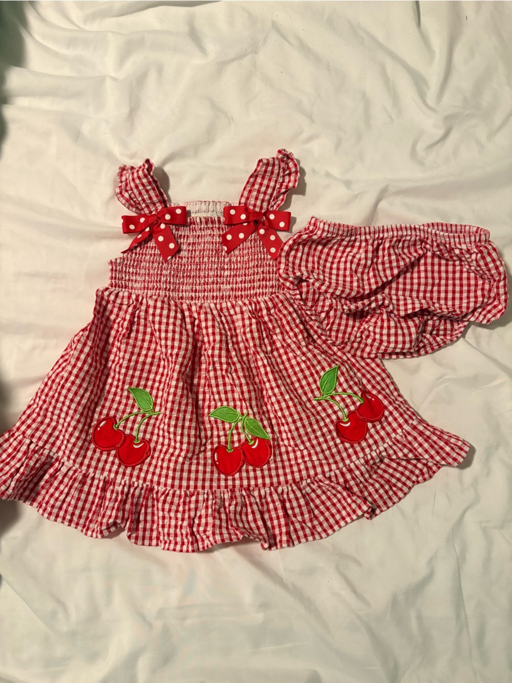 Rare Editions Red Gingham Cherry Smocked Top with Scrunchie
